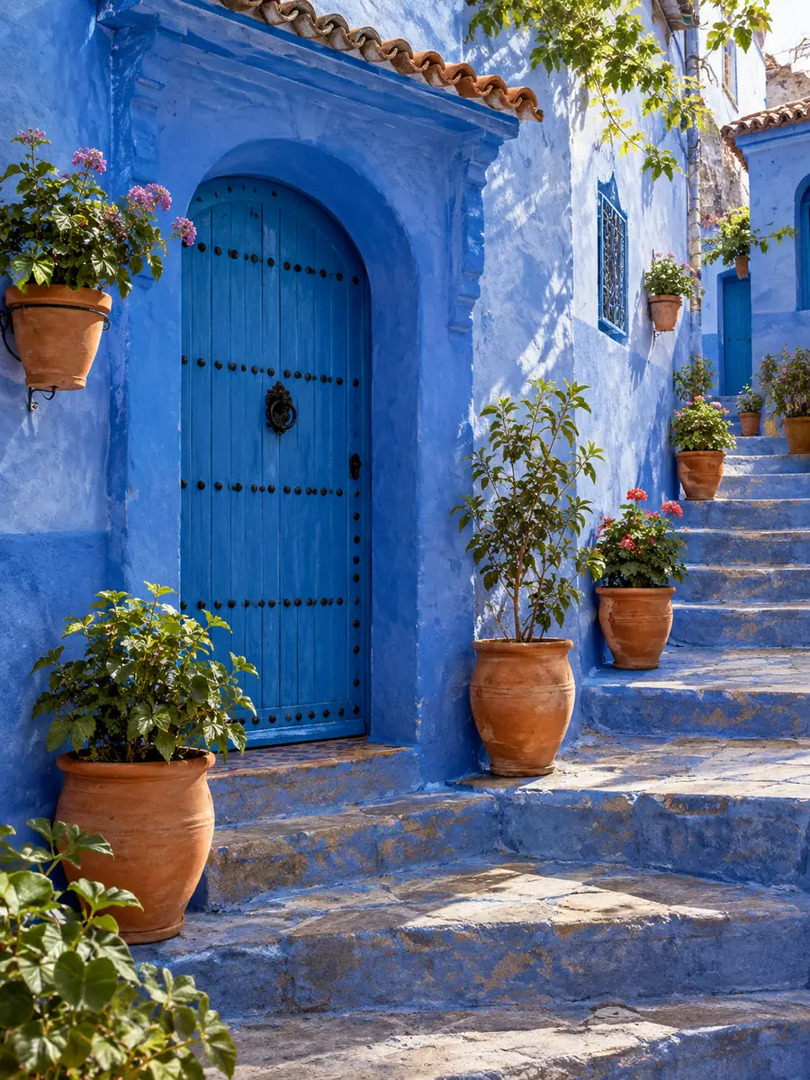 Blau gestrichene Tür und Steinstufen mit Terrakotta-Blumentöpfen in der Medina von Chefchaouen