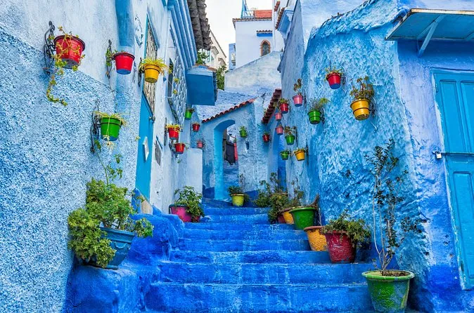 Escalones azules en una calle de Chefchaouen bordeada de coloridas macetas