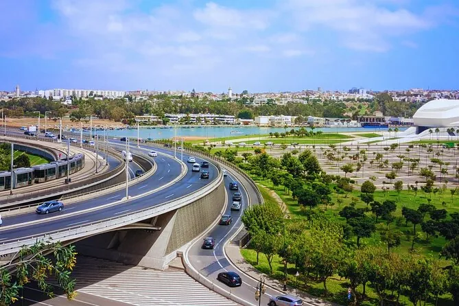 A road interchange and riverside park in modern Rabat