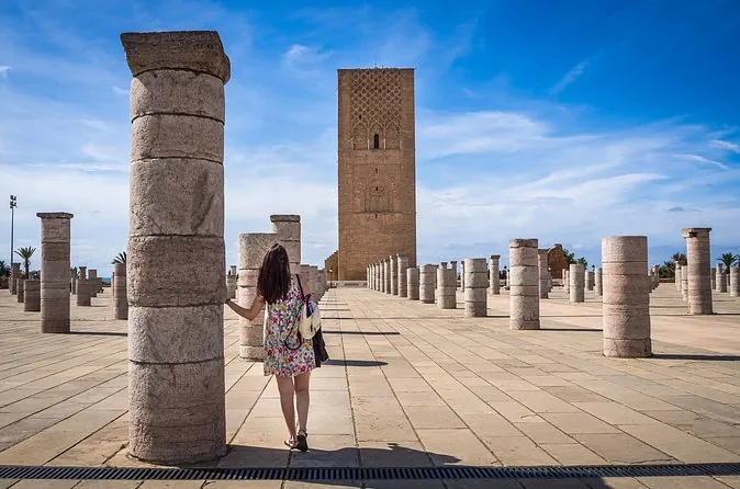 The Hassan Tower and rows of stone columns on the esplanade in Rabat