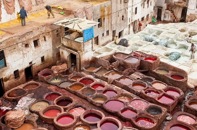 Les cuves de teinture rondes de la tannerie Chouara vues d'en haut