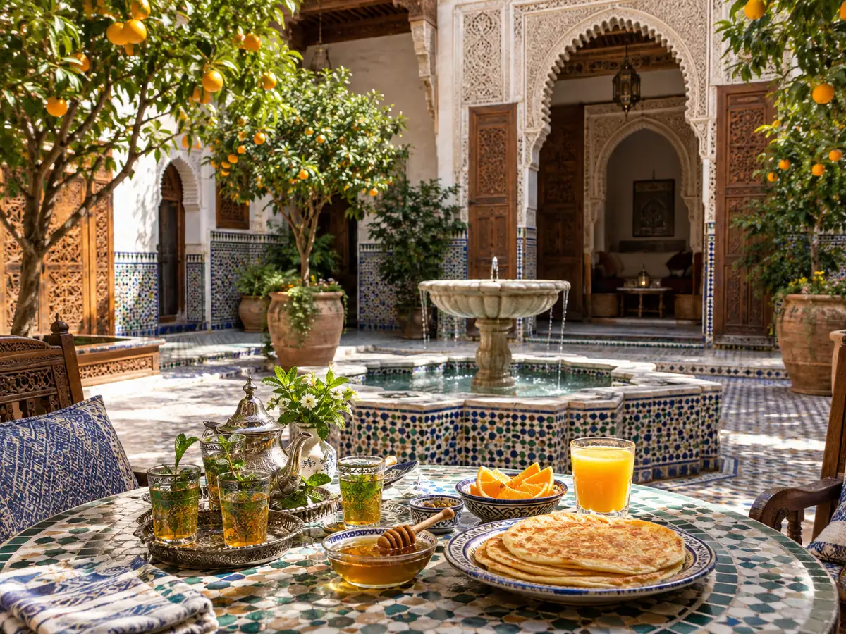 Frühstück mit Minztee, Msemen und Orangensaft neben einem gekachelten Brunnen im Innenhof eines Riads