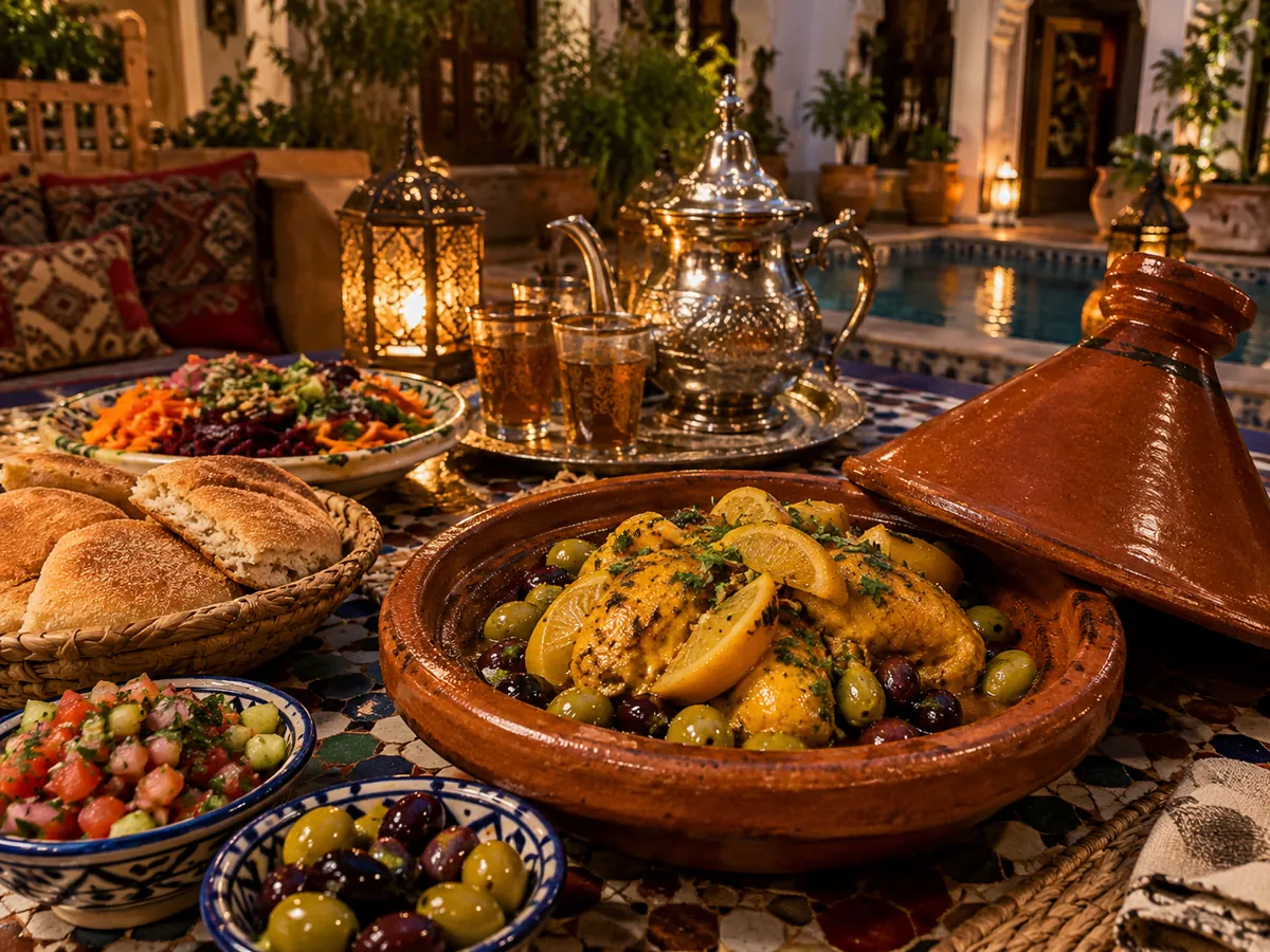 A chicken tagine with olives and lemon, bread, salads and mint tea on a table